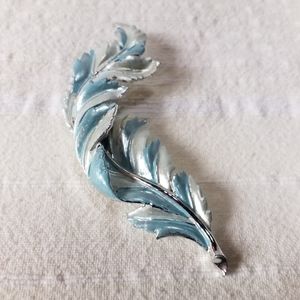 CORO Blue and Silver Enamel Feather Plume Brooch